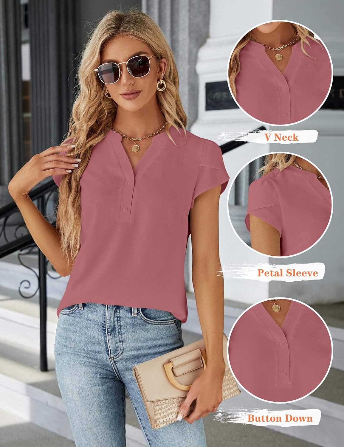 image:imageBlooming Jelly Womens Dressy Casual Tops Business Work Short Sleeve BlouseDusty Pink