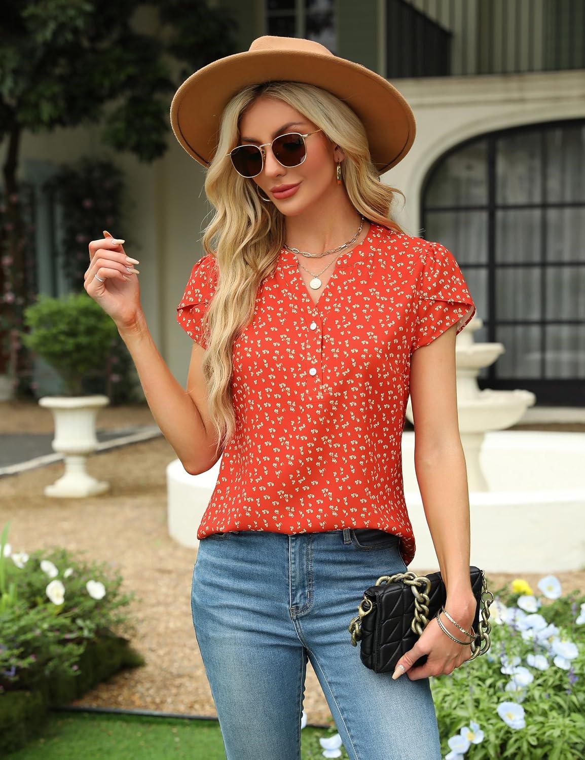 image:imageBlooming Jelly Womens Dressy Casual Tops Business Work Short Sleeve BlouseFloral Orange Red