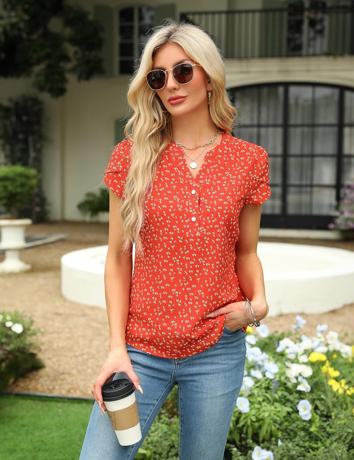 image:imageBlooming Jelly Womens Dressy Casual Tops Business Work Short Sleeve BlouseFloral Orange Red