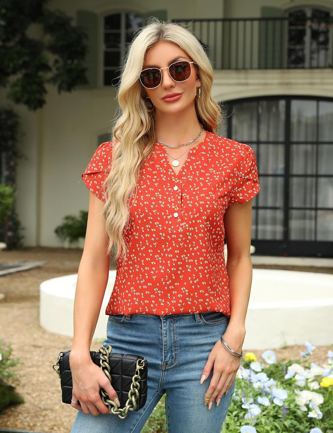 image:imageBlooming Jelly Womens Dressy Casual Tops Business Work Short Sleeve BlouseFloral Orange Red