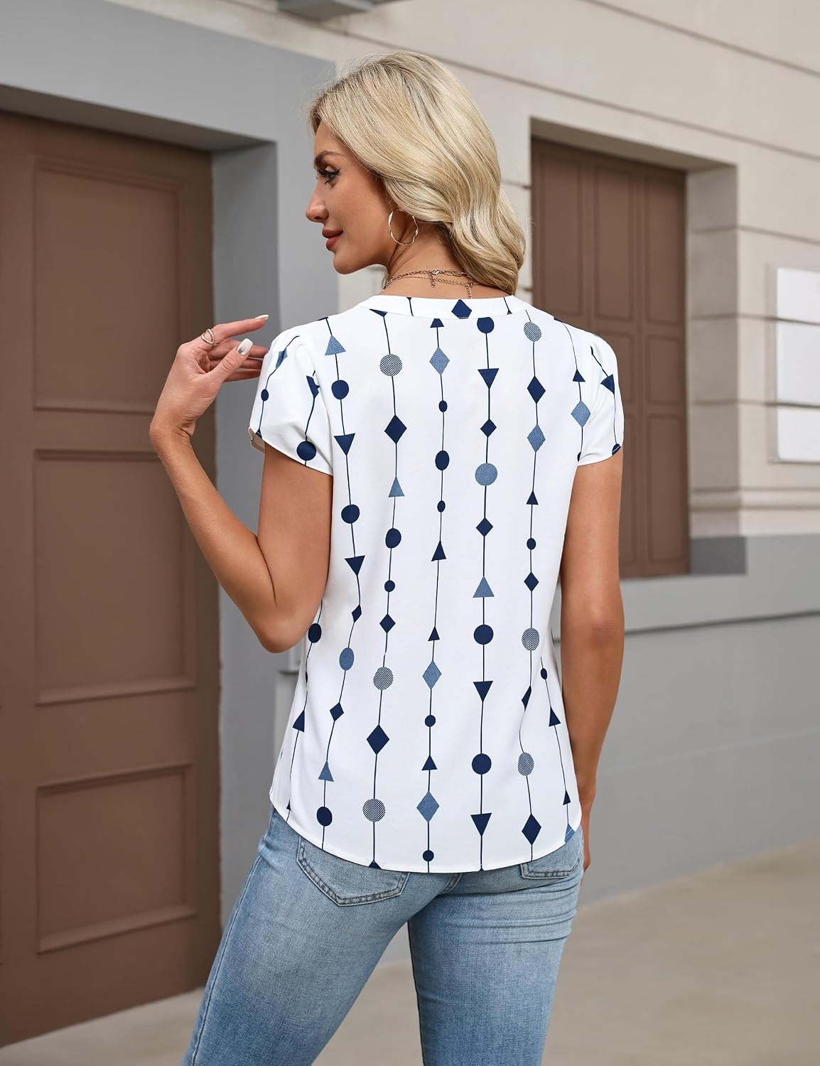 image:imageBlooming Jelly Womens Dressy Casual Tops Business Work Short Sleeve BlouseGeometric Pattern