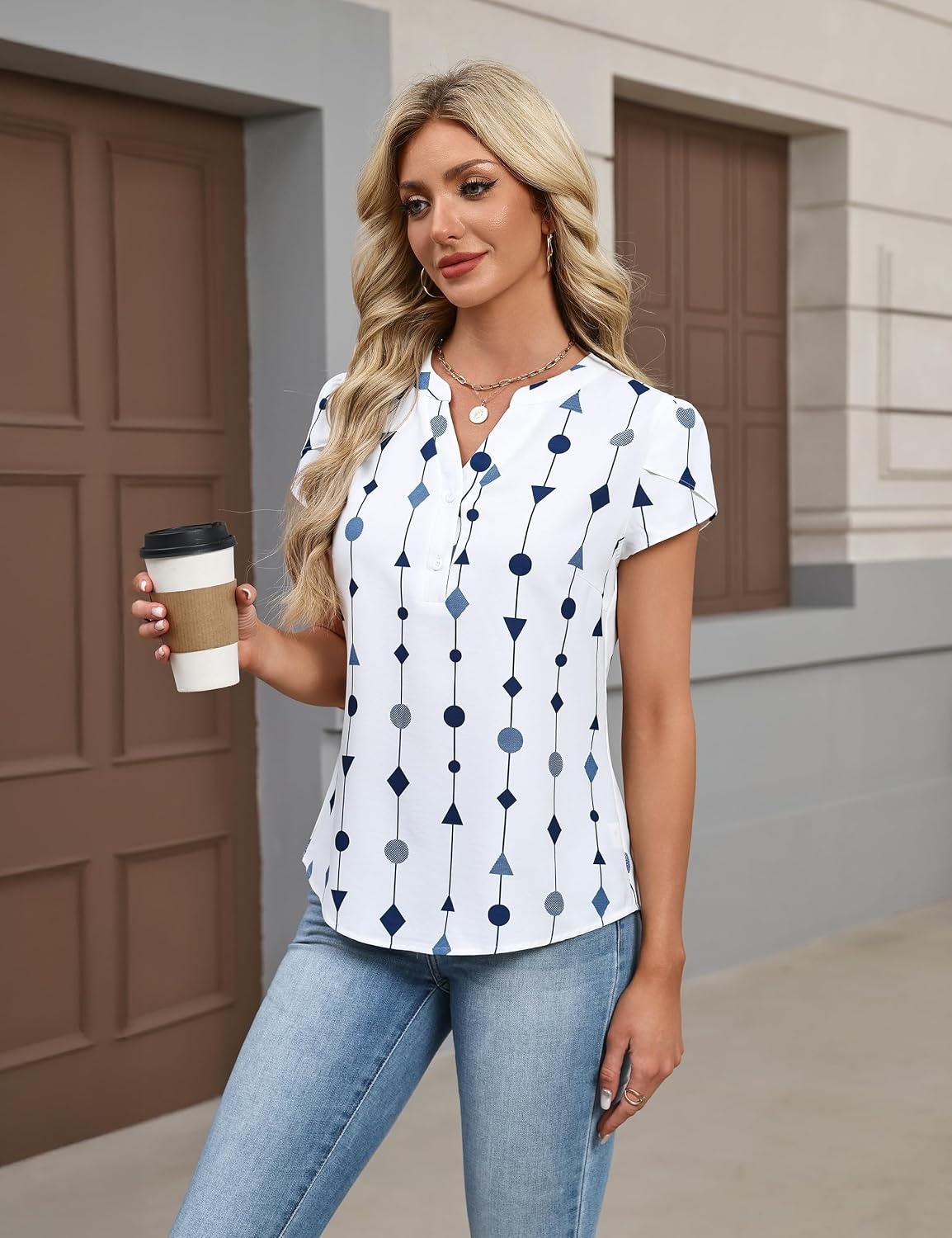 image:imageBlooming Jelly Womens Dressy Casual Tops Business Work Short Sleeve BlouseGeometric Pattern