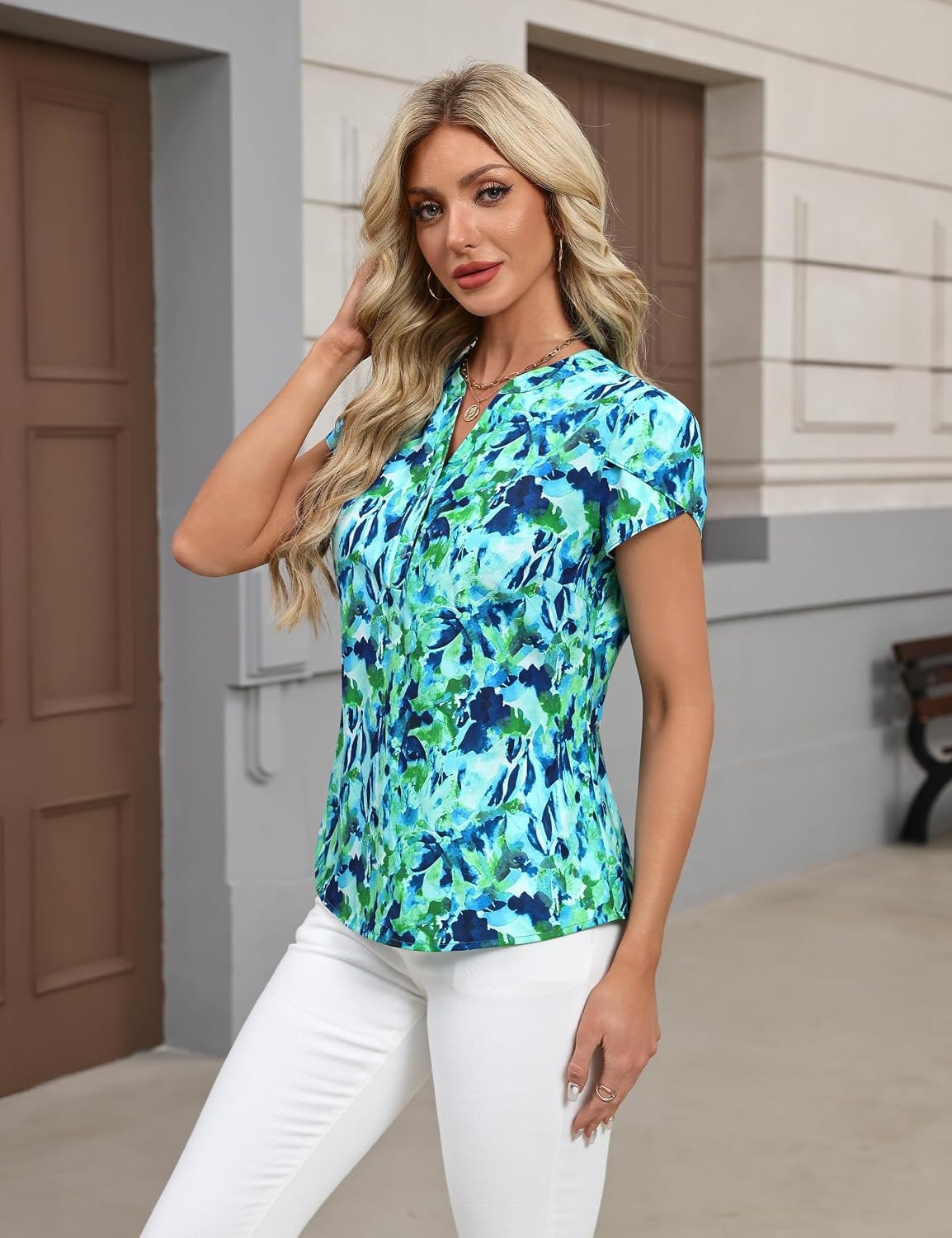 image:imageBlooming Jelly Womens Dressy Casual Tops Business Work Short Sleeve BlouseGreen Floral