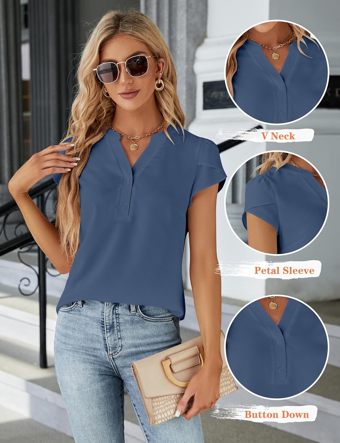image:imageBlooming Jelly Womens Dressy Casual Tops Business Work Short Sleeve BlouseGrey Blue