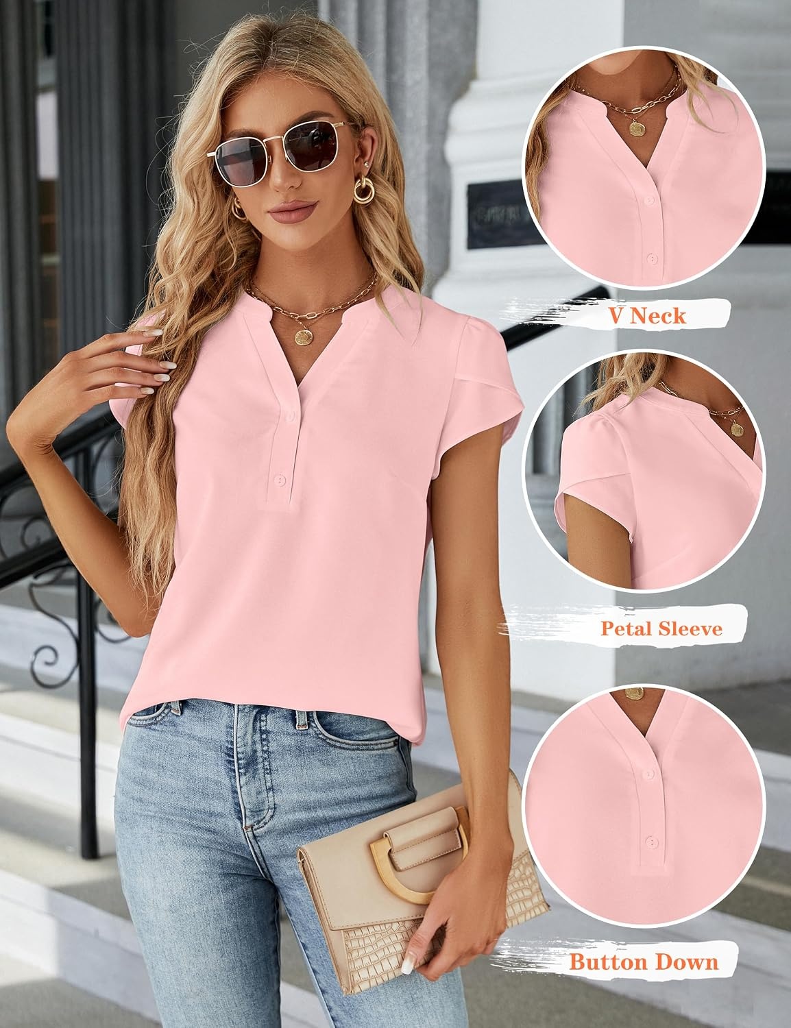 image:imageBlooming Jelly Womens Dressy Casual Tops Business Work Short Sleeve BlouseLight Pink
