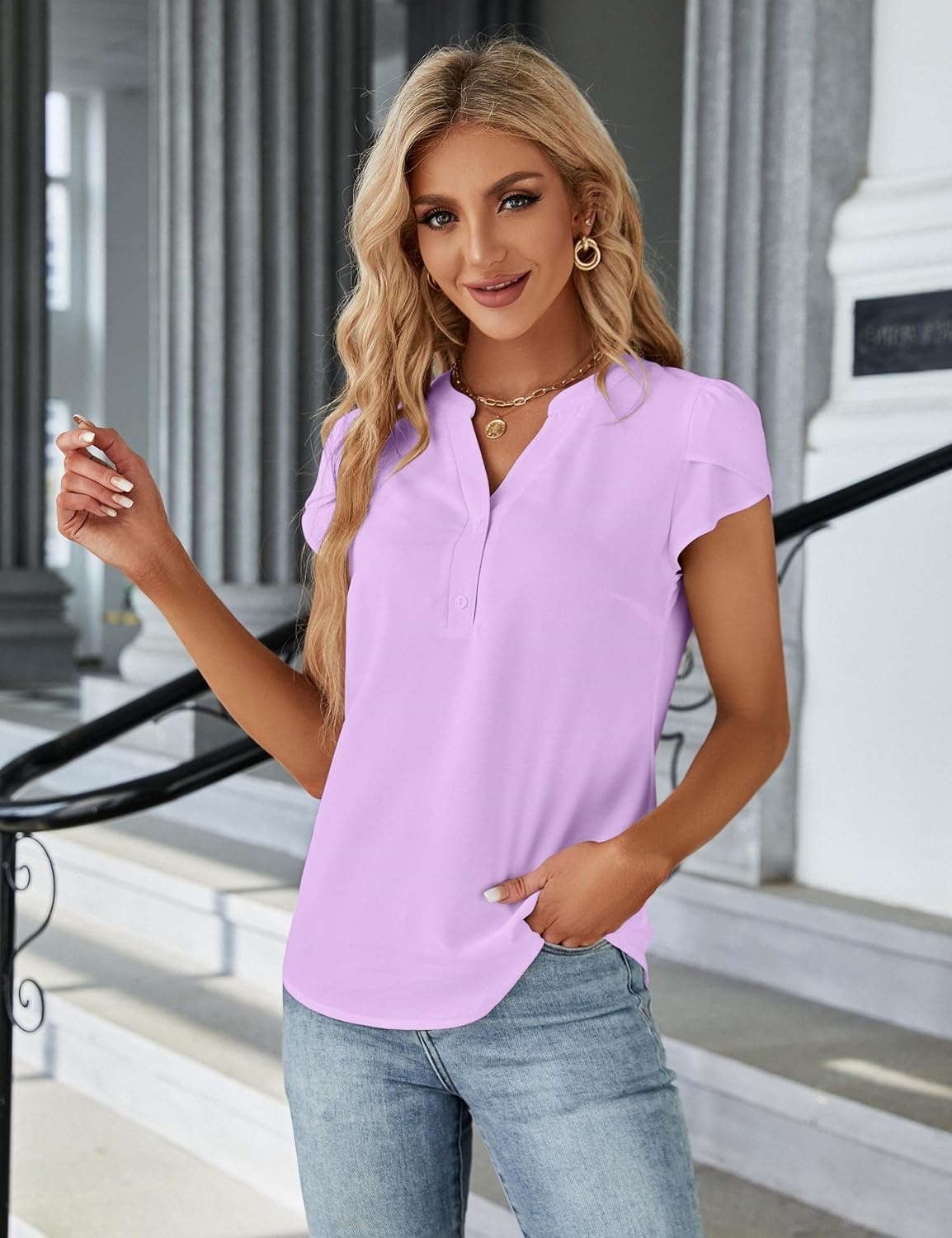 image:imageBlooming Jelly Womens Dressy Casual Tops Business Work Short Sleeve BlouseLight Purple