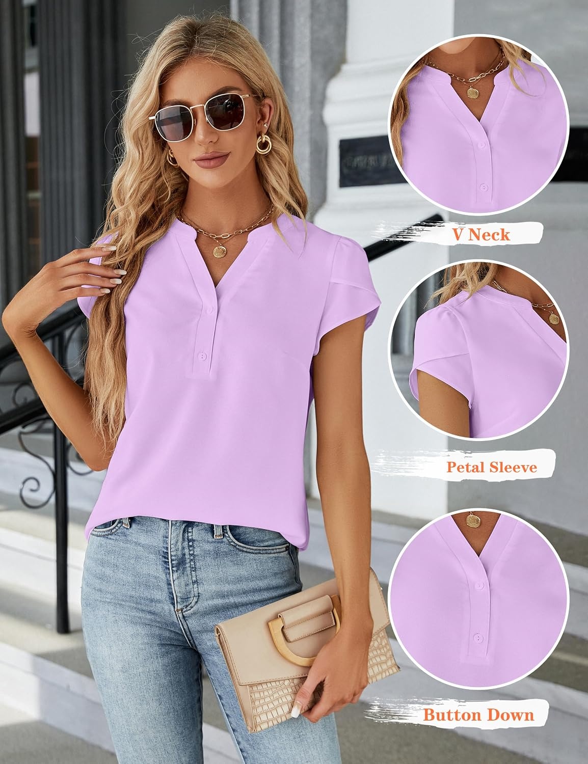 image:imageBlooming Jelly Womens Dressy Casual Tops Business Work Short Sleeve BlouseLight Purple