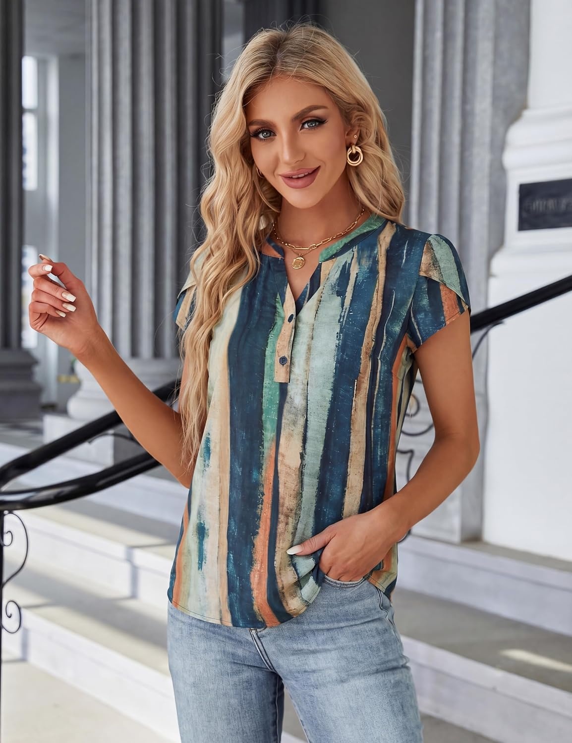 image:imageBlooming Jelly Womens Dressy Casual Tops Business Work Short Sleeve BlouseMulticolored