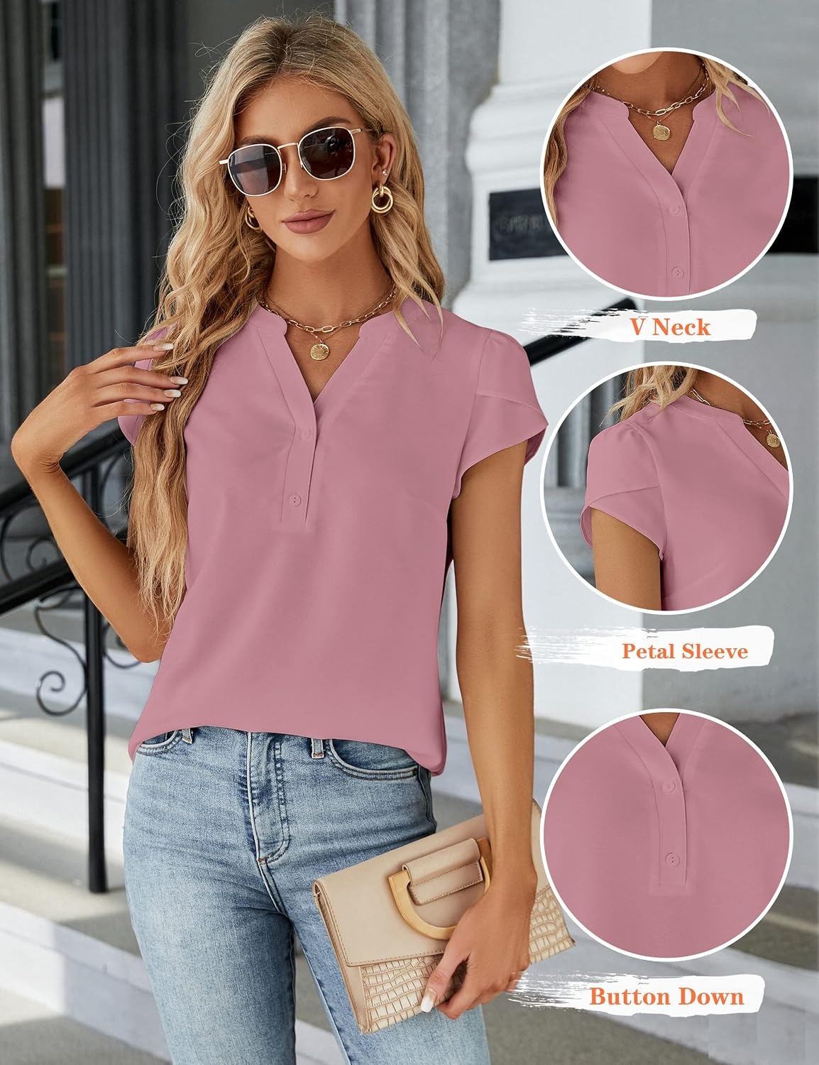 image:imageBlooming Jelly Womens Dressy Casual Tops Business Work Short Sleeve BlousePink