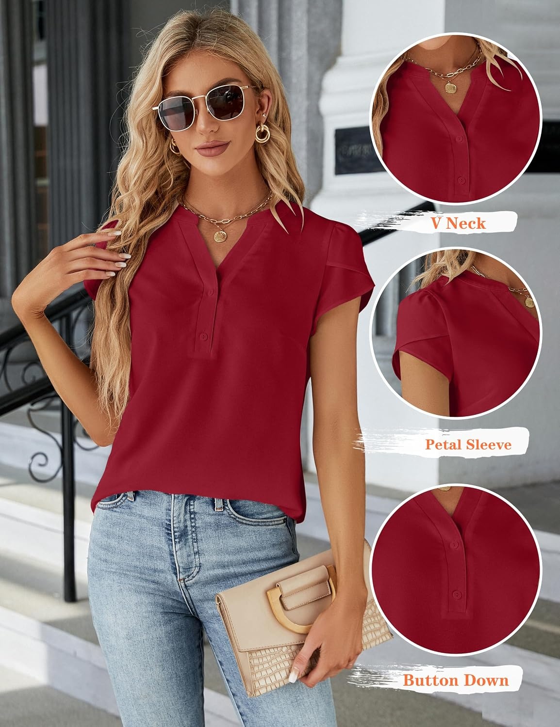 image:imageBlooming Jelly Womens Dressy Casual Tops Business Work Short Sleeve BlouseRed