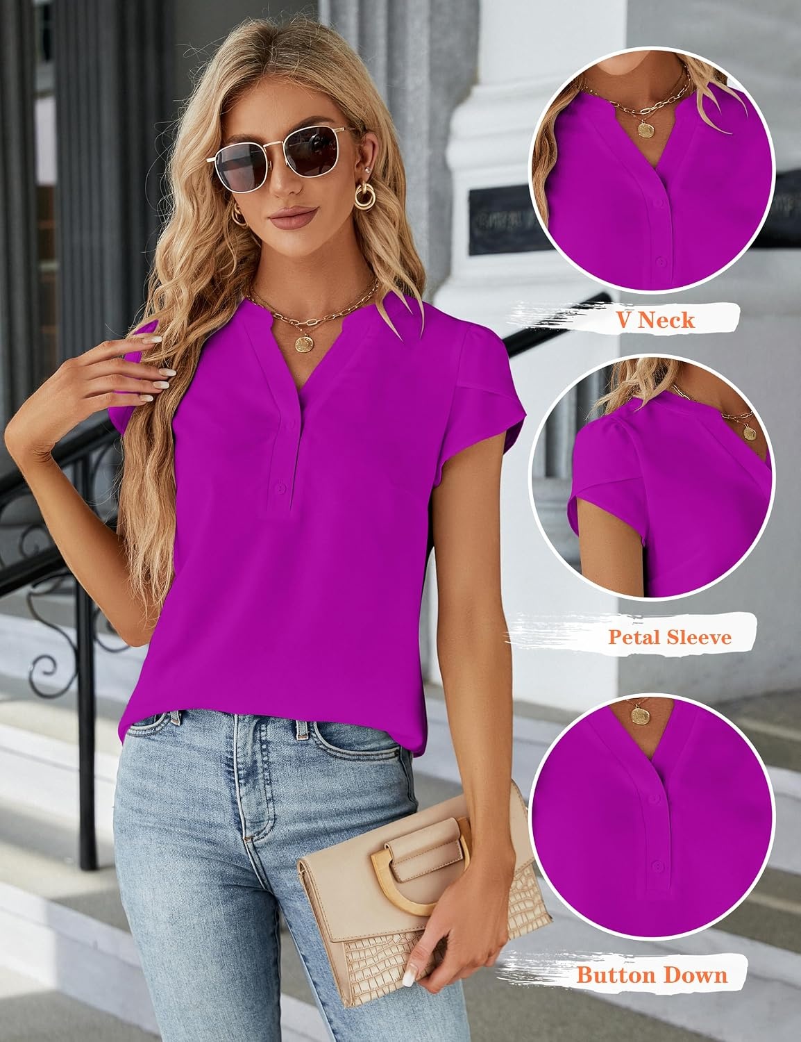 image:imageBlooming Jelly Womens Dressy Casual Tops Business Work Short Sleeve BlouseRose Purple