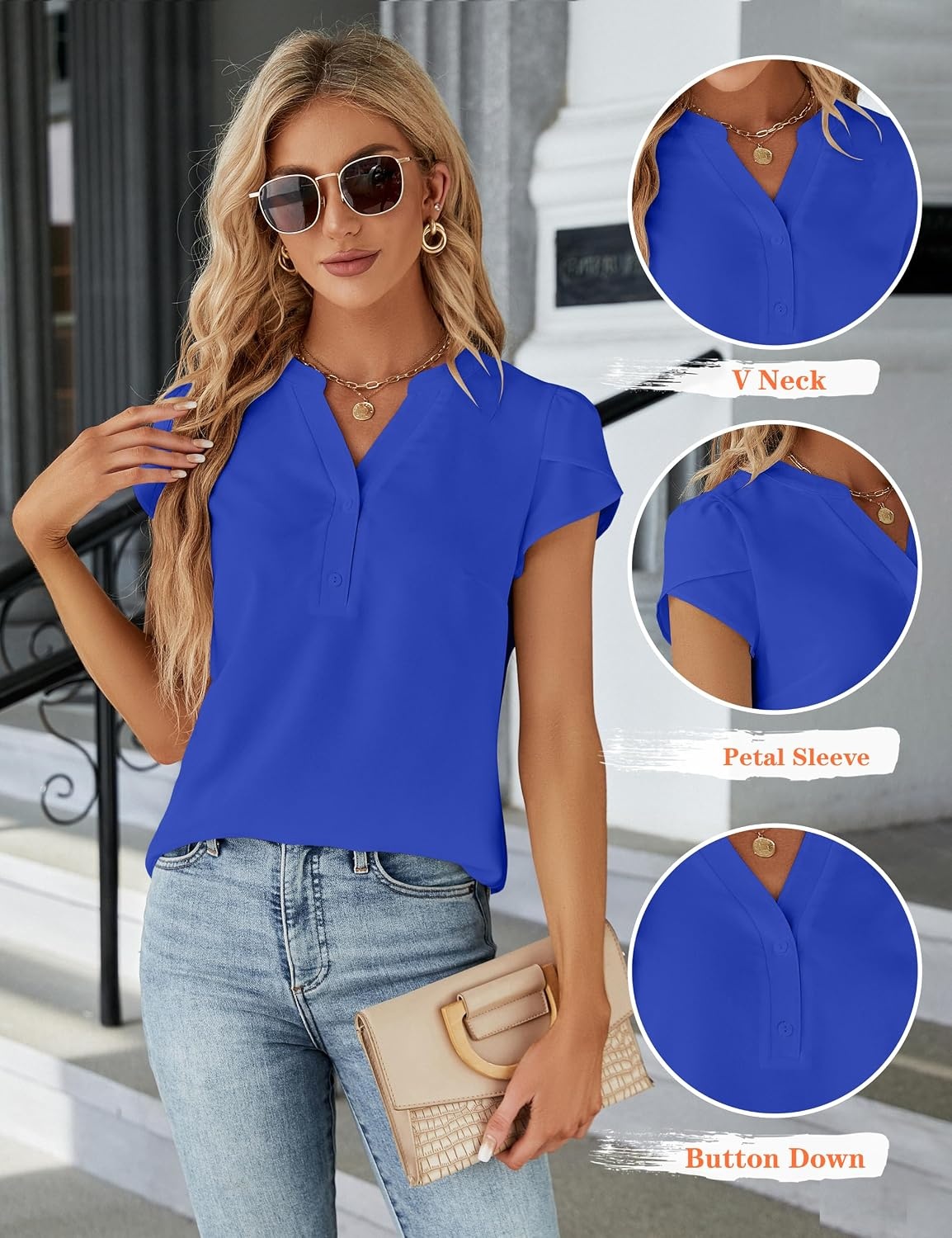 image:imageBlooming Jelly Womens Dressy Casual Tops Business Work Short Sleeve BlouseRoyal Blue