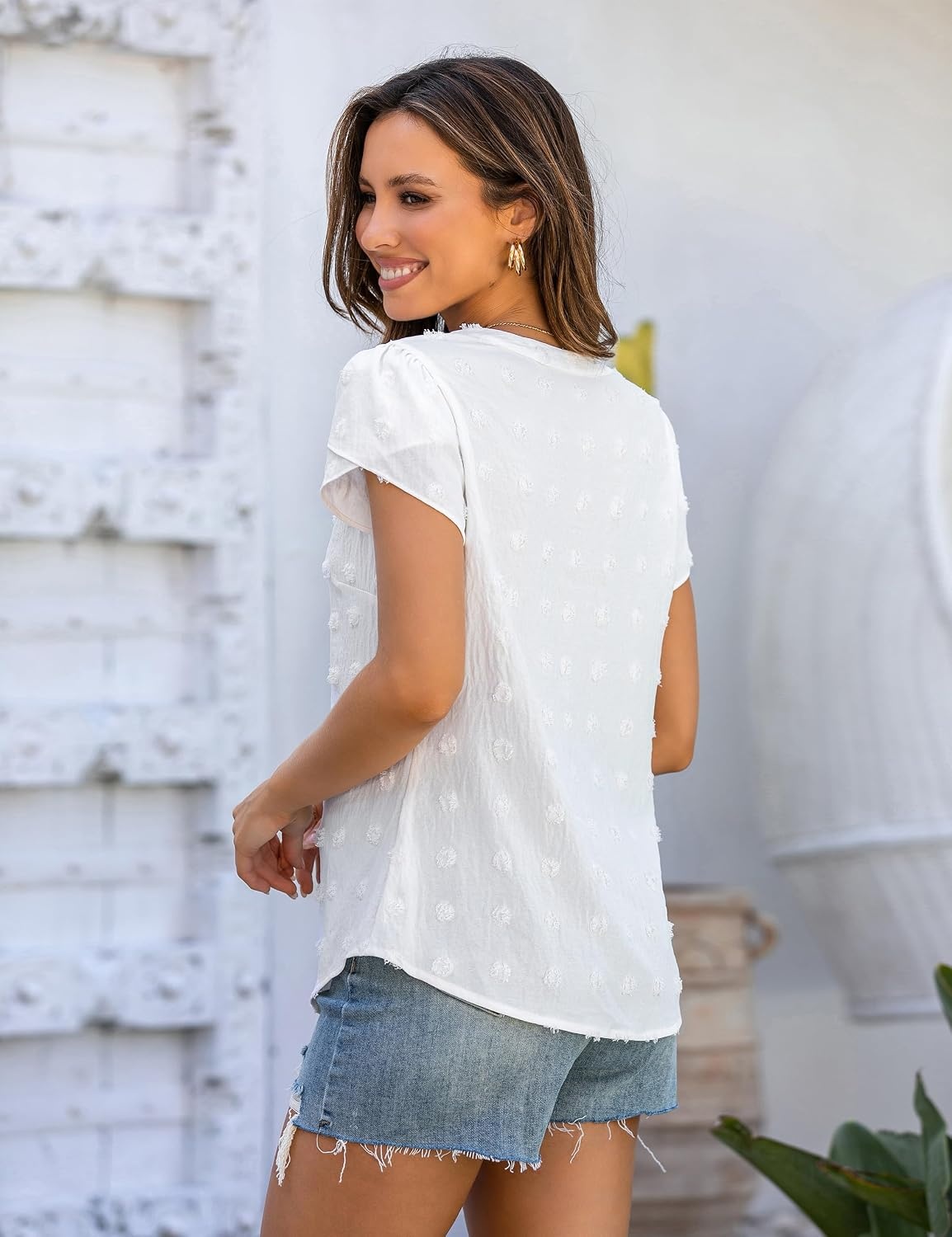 image:imageBlooming Jelly Womens Dressy Casual Tops Business Work Short Sleeve BlouseSwiss Dot White
