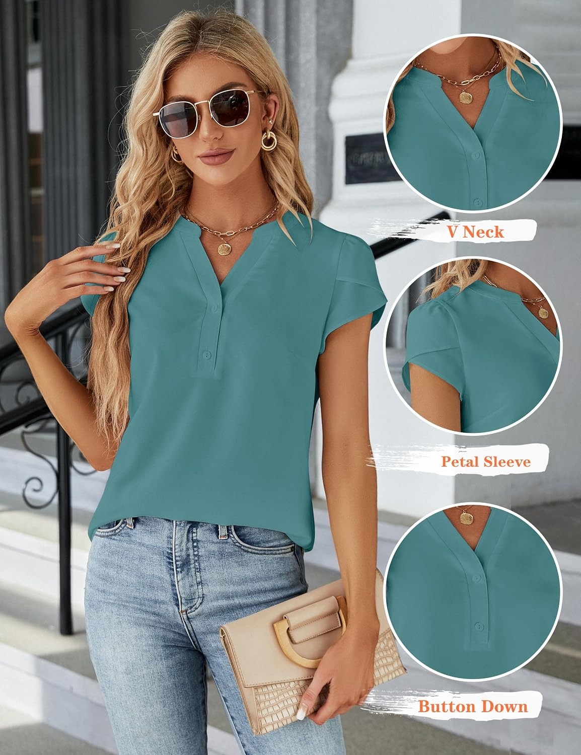 image:imageBlooming Jelly Womens Dressy Casual Tops Business Work Short Sleeve BlouseTurquoise