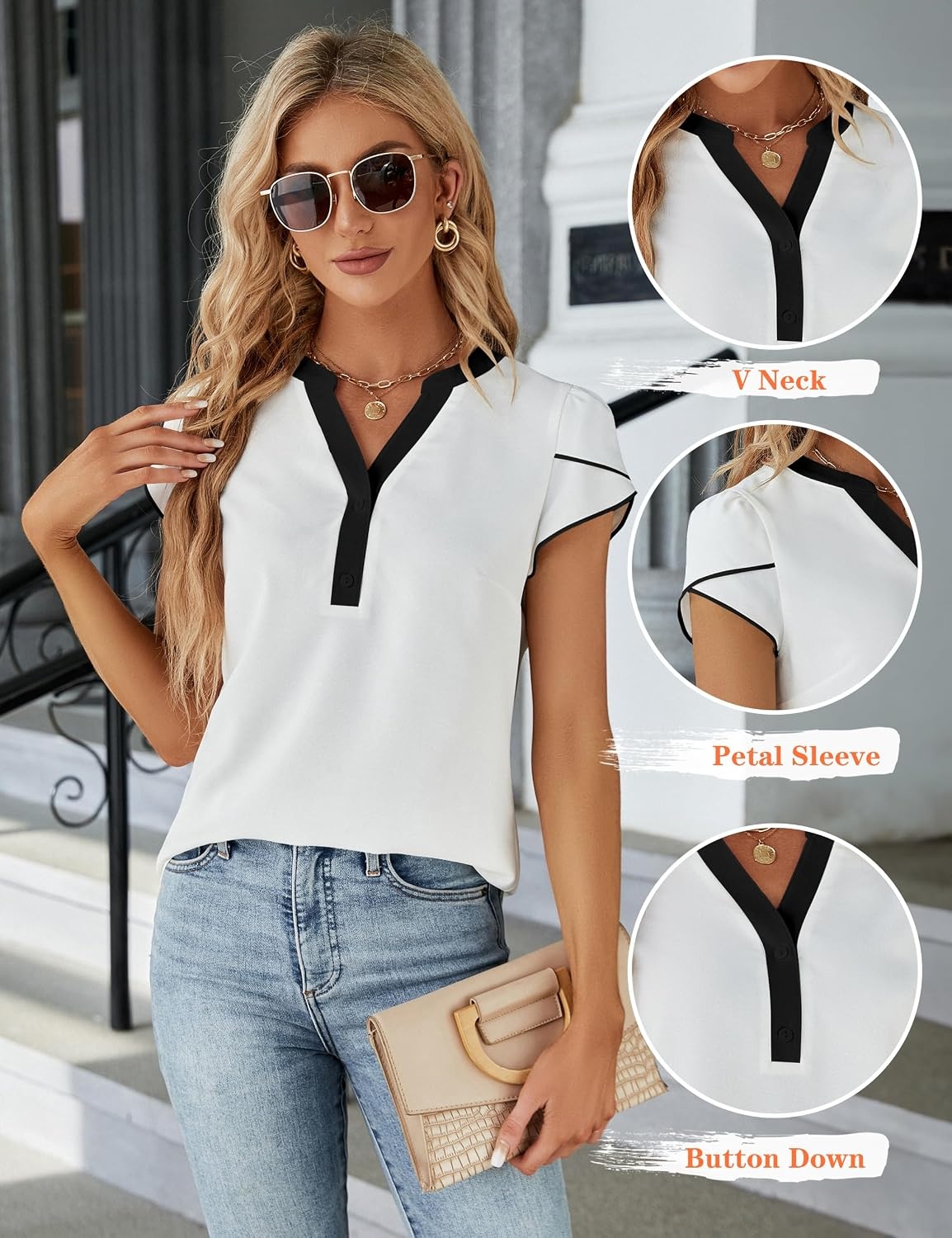 image:imageBlooming Jelly Womens Dressy Casual Tops Business Work Short Sleeve BlouseWhite With Black