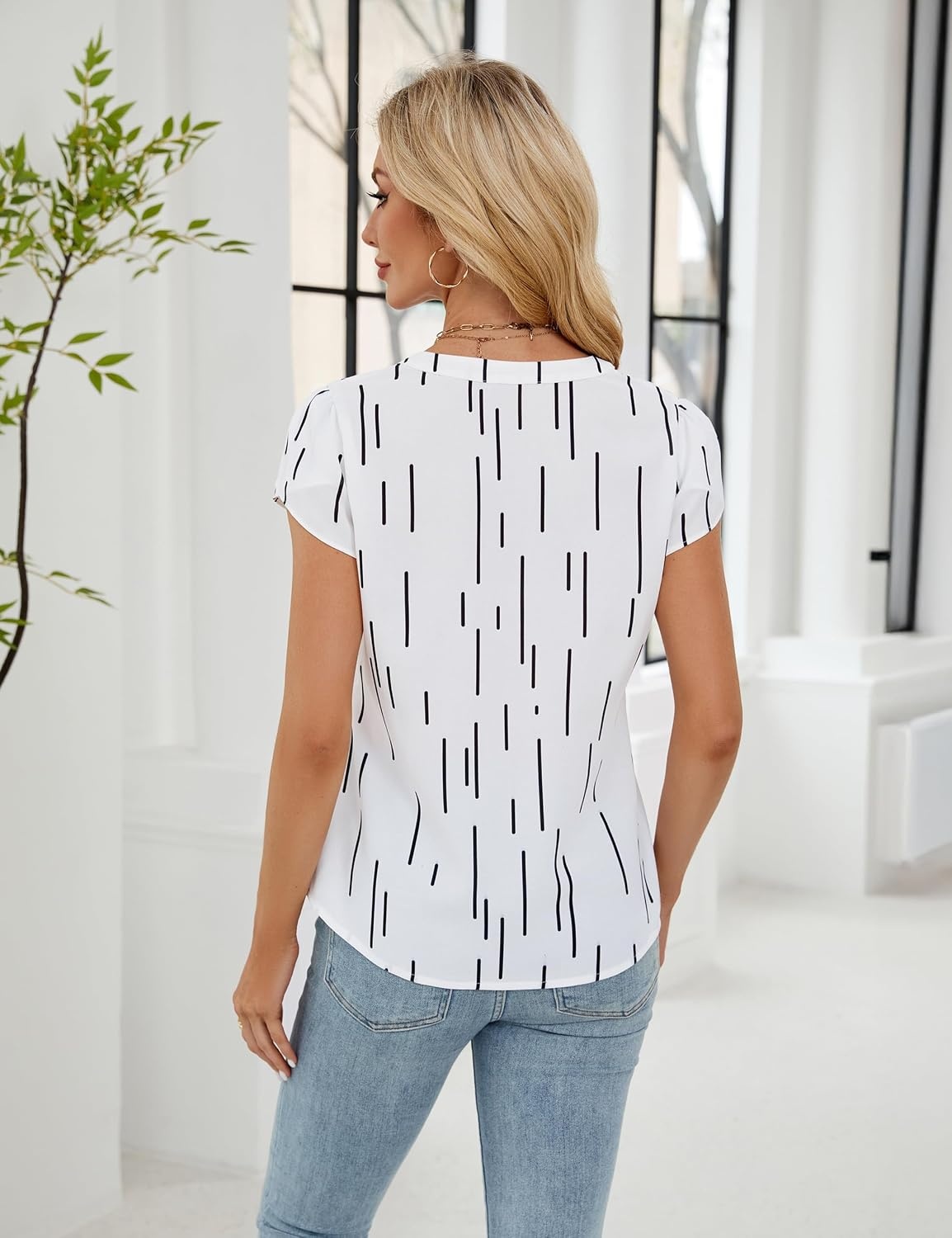 image:imageBlooming Jelly Womens Dressy Casual Tops Business Work Short Sleeve BlouseWhite With Line