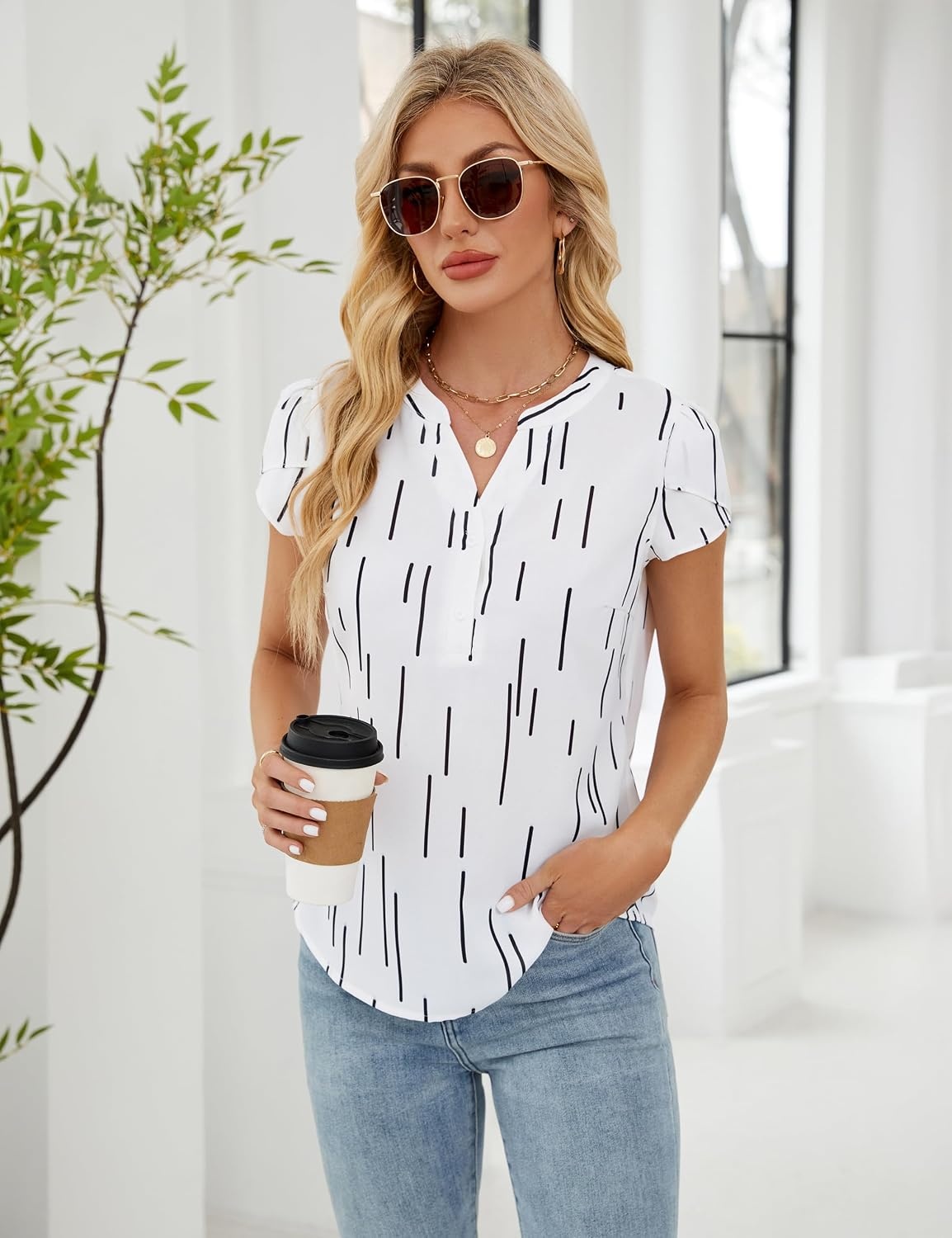 image:imageBlooming Jelly Womens Dressy Casual Tops Business Work Short Sleeve BlouseWhite With Line