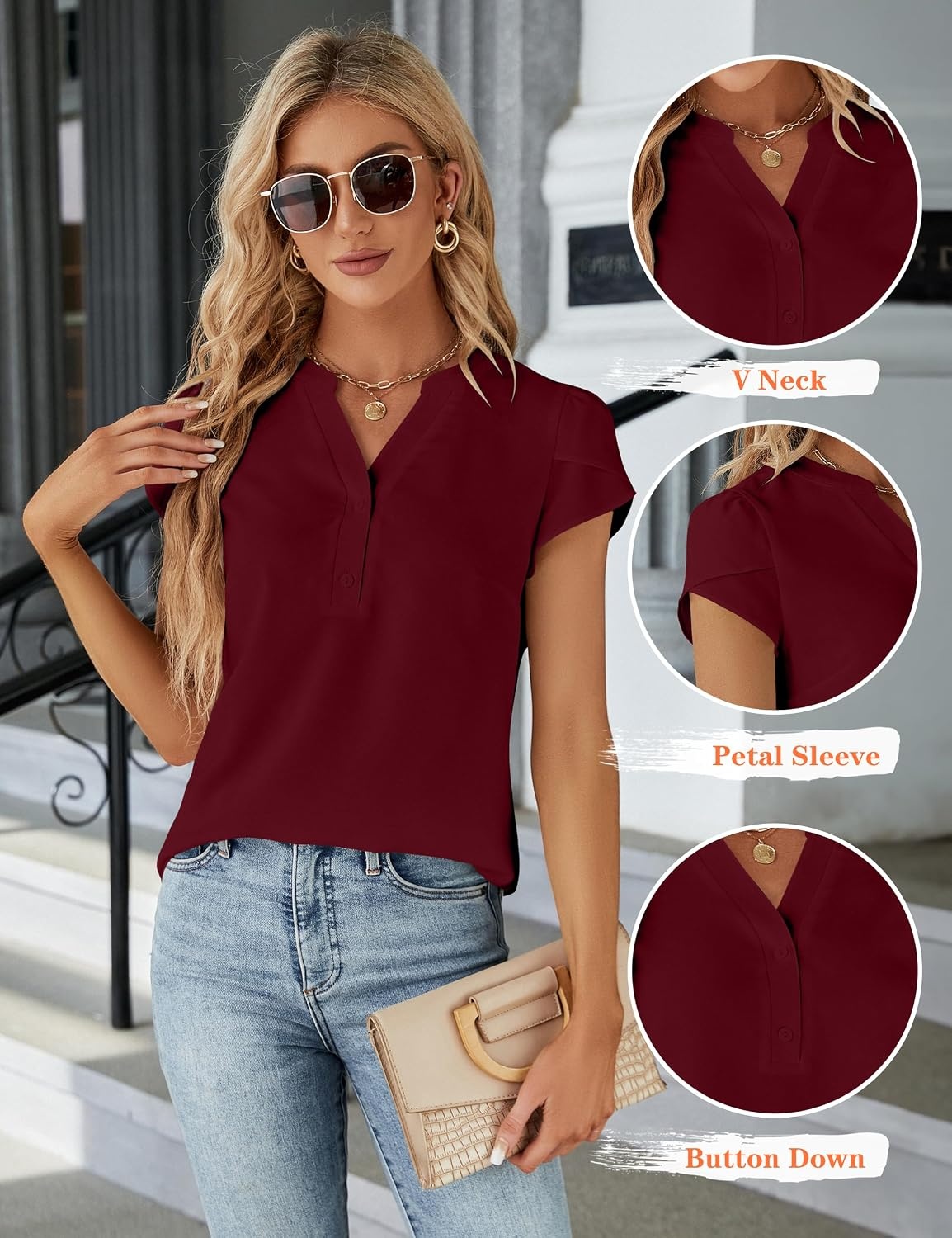 image:imageBlooming Jelly Womens Dressy Casual Tops Business Work Short Sleeve BlouseWine Red