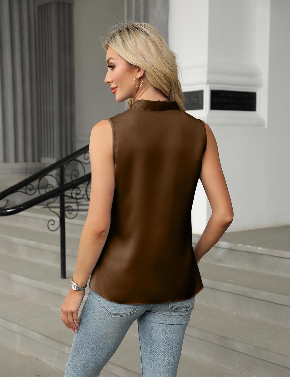 image:imageBlooming Jelly Womens Dressy Tank Tops Summer Sleeveless Work Blouses Silk Satin V Neck Shirts Business Casual OutfitsBrown