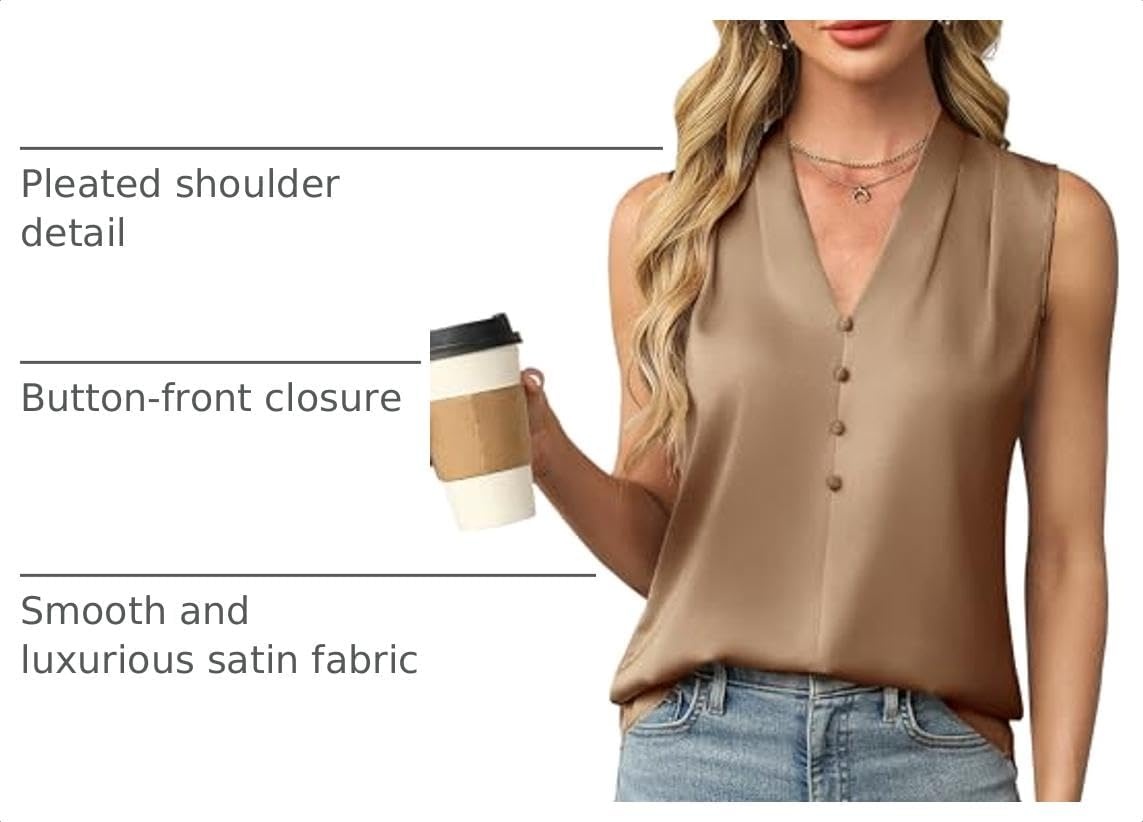 image:imageBlooming Jelly Womens Dressy Tank Tops Summer Sleeveless Work Blouses Silk Satin V Neck Shirts Business Casual OutfitsCamel