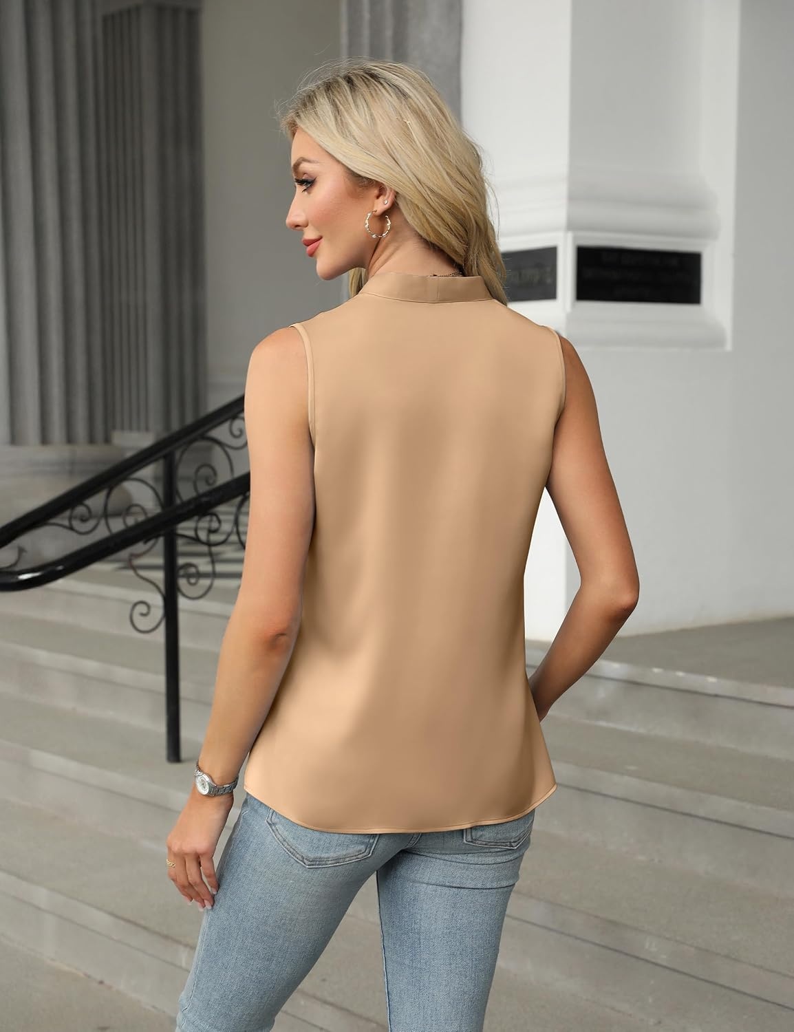 image:imageBlooming Jelly Womens Dressy Tank Tops Summer Sleeveless Work Blouses Silk Satin V Neck Shirts Business Casual OutfitsKhaki