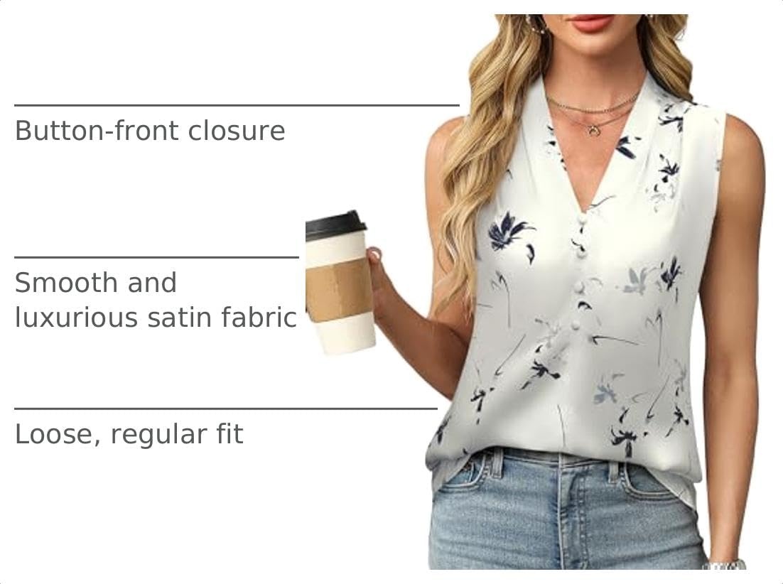 image:imageBlooming Jelly Womens Dressy Tank Tops Summer Sleeveless Work Blouses Silk Satin V Neck Shirts Business Casual OutfitsLvory White Flower