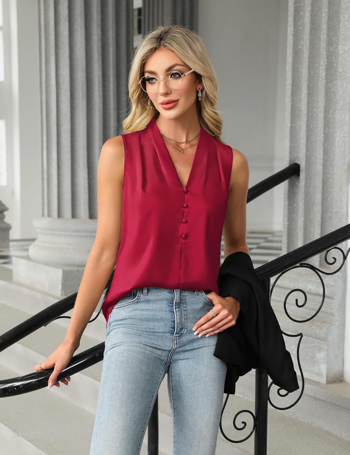 image:imageBlooming Jelly Womens Dressy Tank Tops Summer Sleeveless Work Blouses Silk Satin V Neck Shirts Business Casual OutfitsRed