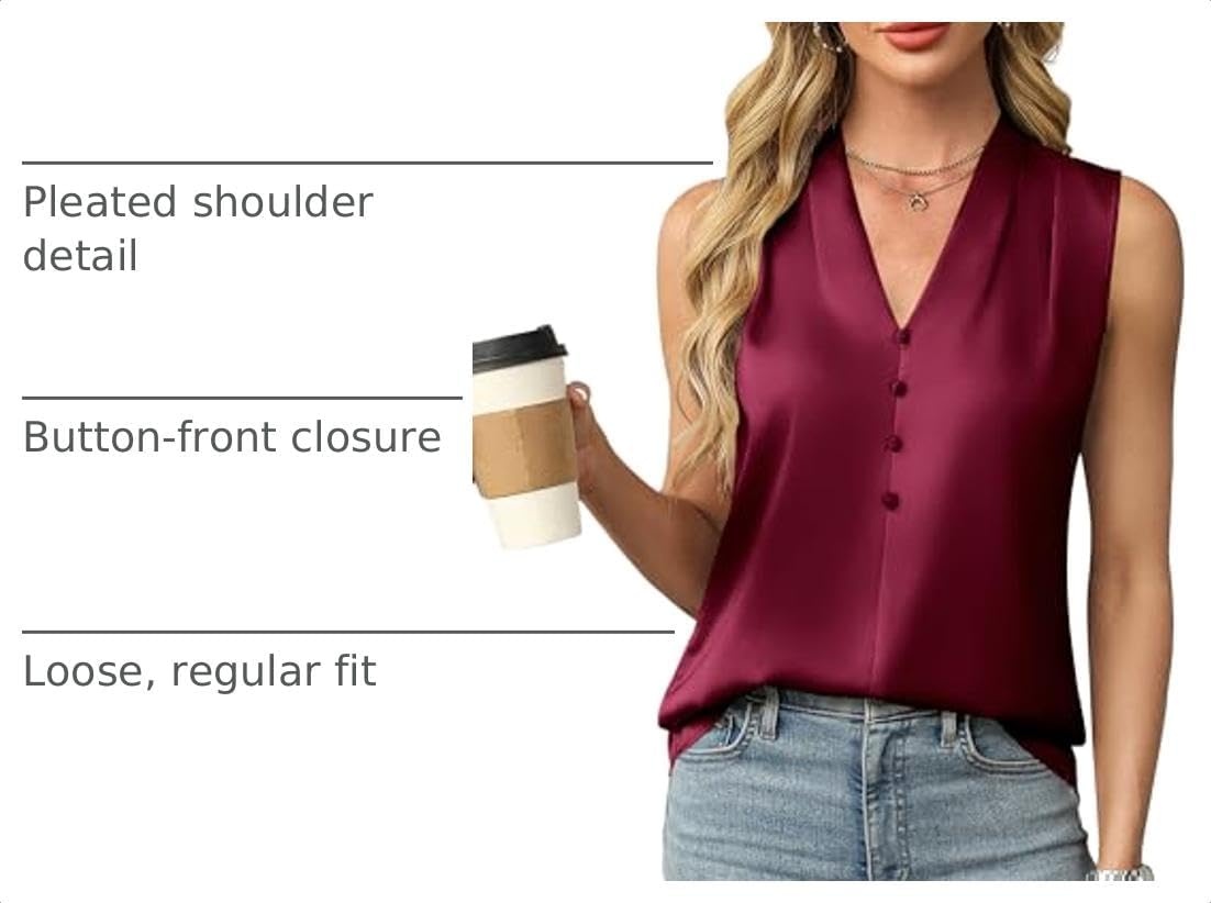 image:imageBlooming Jelly Womens Dressy Tank Tops Summer Sleeveless Work Blouses Silk Satin V Neck Shirts Business Casual OutfitsWine Red