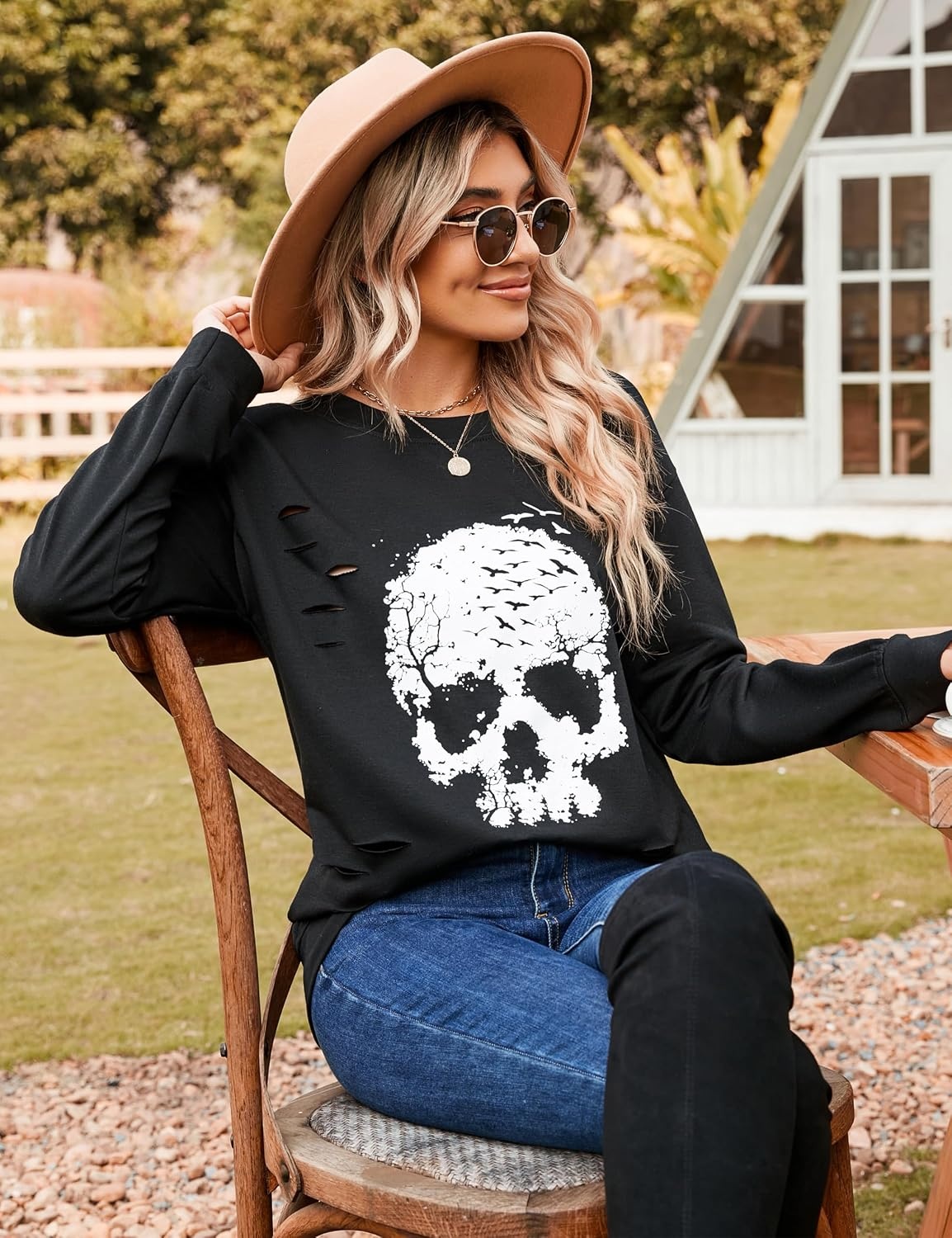 image:imageBlooming Jelly Womens Halloween Sweatshirts Skull Shirts Fall SweaterDark Black