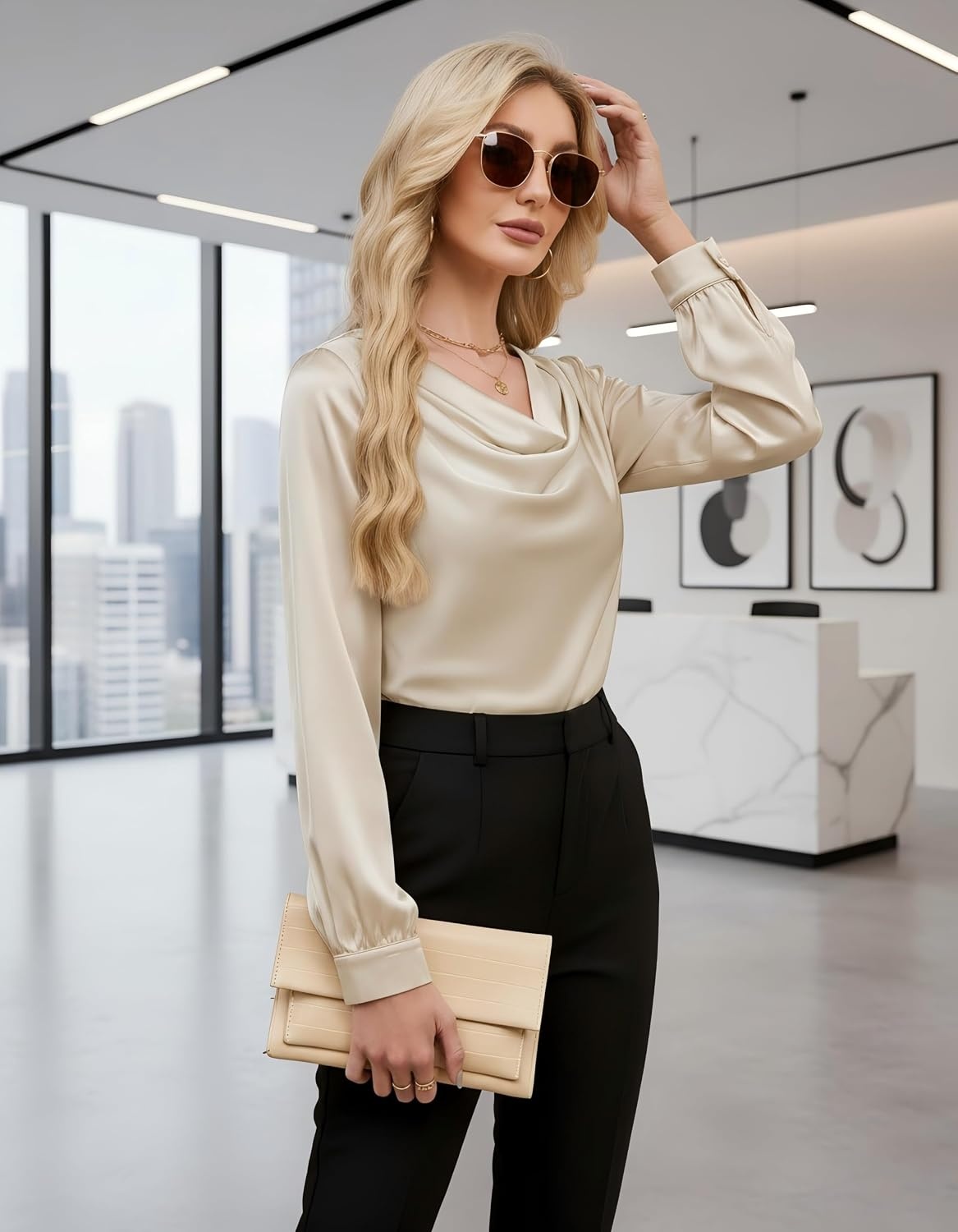 image:imageBlooming Jelly Womens Satin Blouse Cowl Neck Draped Long Sleeve Dressy TopsApricot