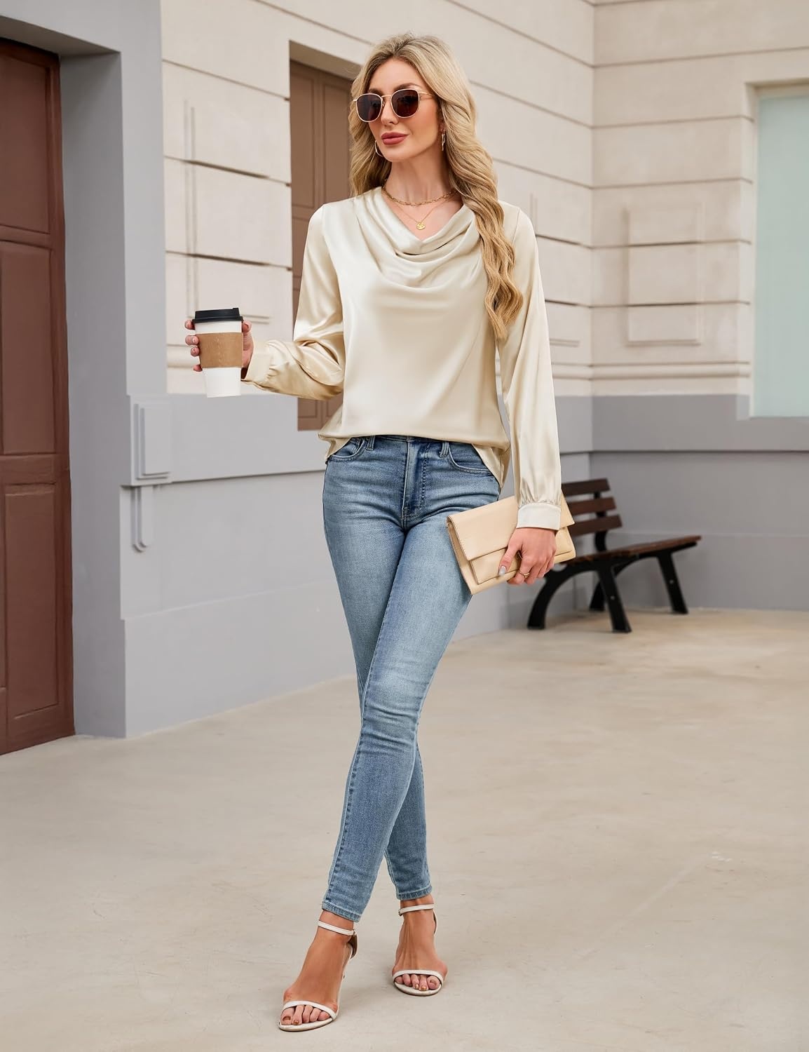 image:imageBlooming Jelly Womens Satin Blouse Cowl Neck Draped Long Sleeve Dressy TopsApricot