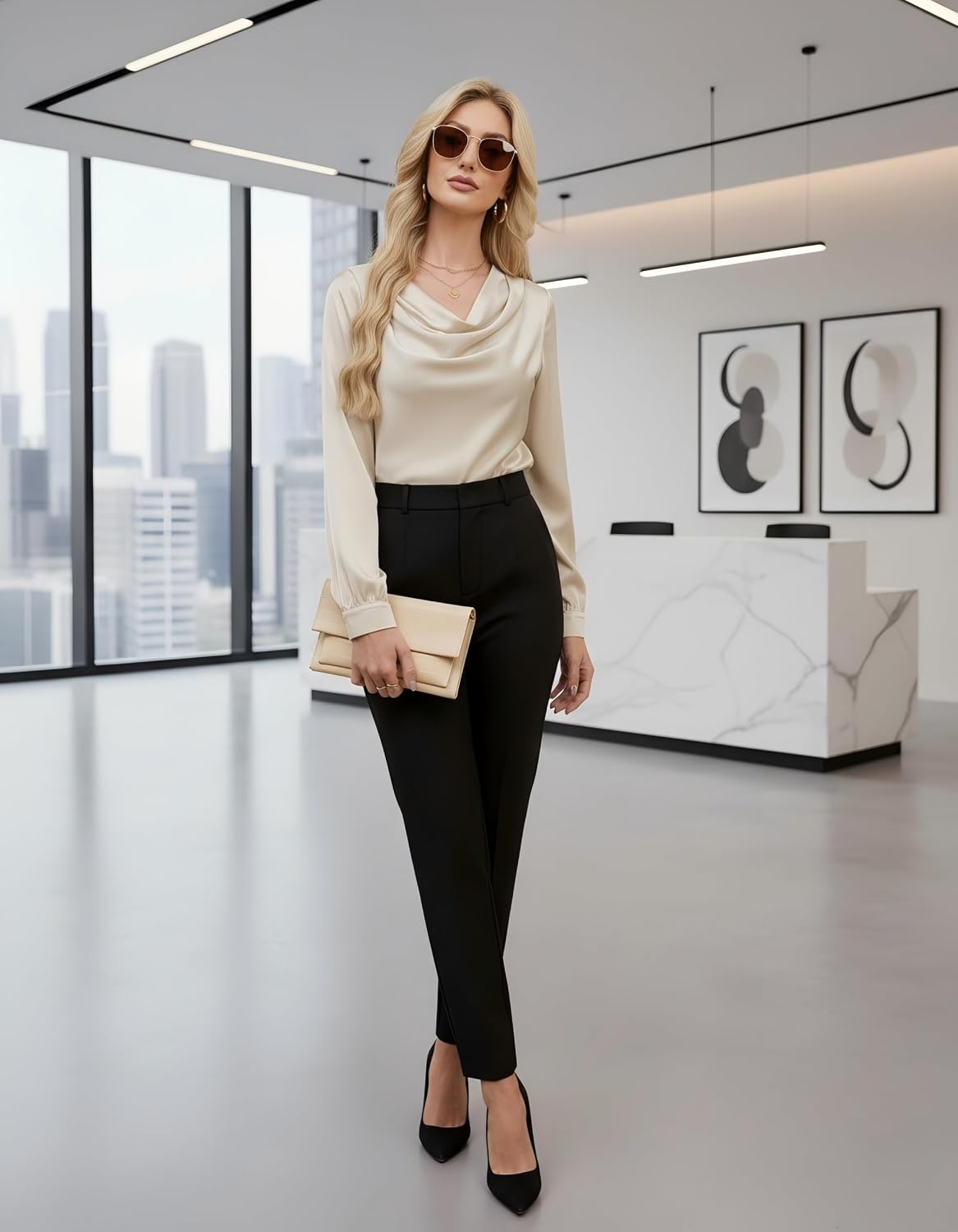 image:imageBlooming Jelly Womens Satin Blouse Cowl Neck Draped Long Sleeve Dressy TopsApricot