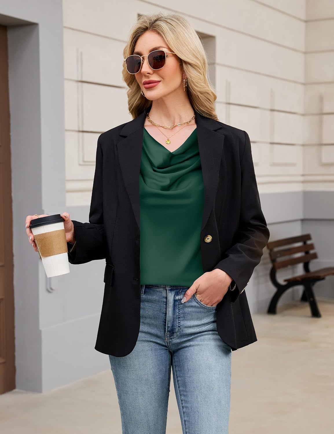 image:imageBlooming Jelly Womens Satin Blouse Cowl Neck Draped Long Sleeve Dressy TopsEmerald Green