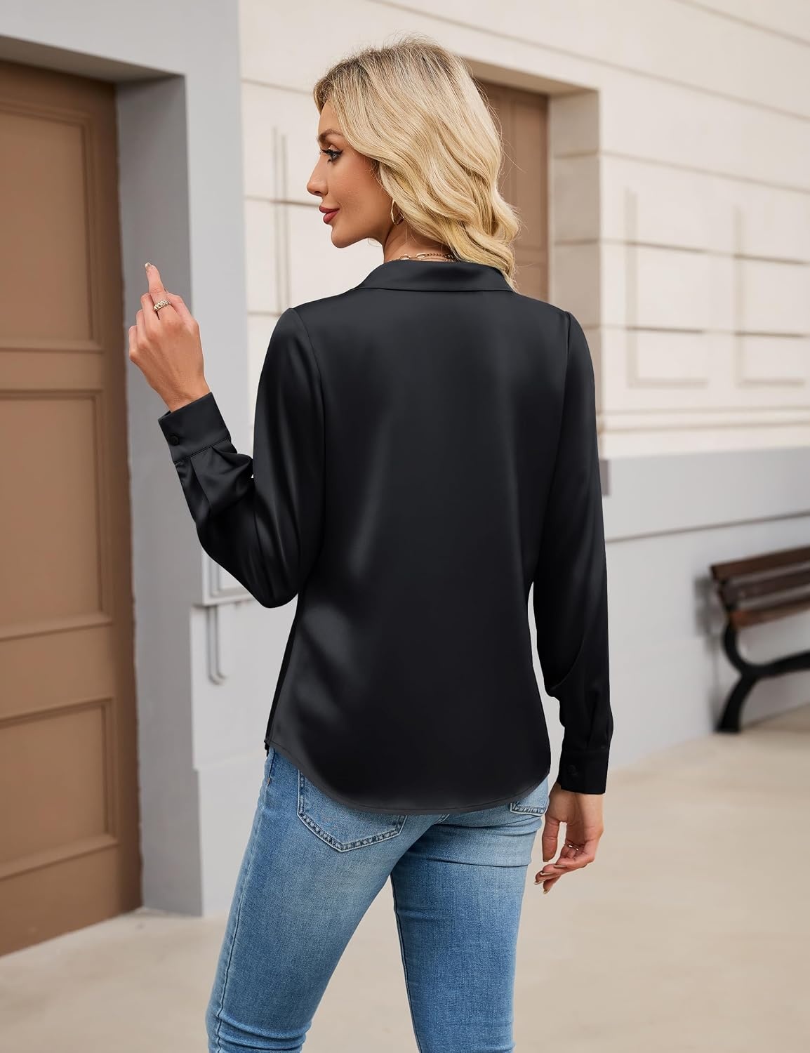 image:imageBlooming Jelly Womens Satin Button Down Shirts Work Dressy Casual Blouses Shirt Collar Long Sleeve Tops 2025Black