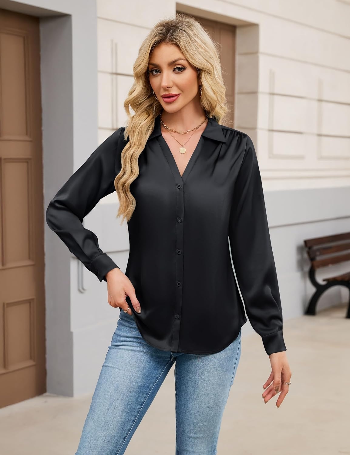 image:imageBlooming Jelly Womens Satin Button Down Shirts Work Dressy Casual Blouses Shirt Collar Long Sleeve Tops 2025Black