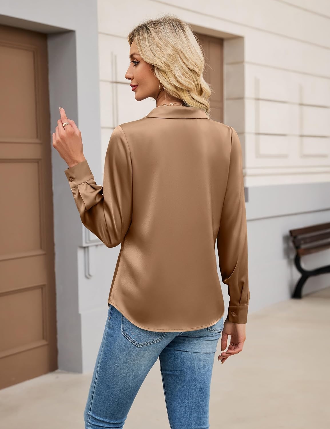 image:imageBlooming Jelly Womens Satin Button Down Shirts Work Dressy Casual Blouses Shirt Collar Long Sleeve Tops 2025Brown