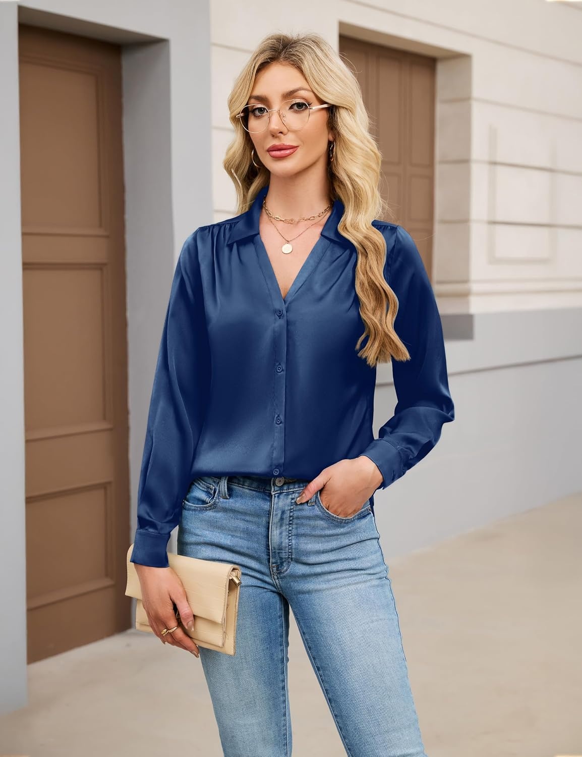 image:imageBlooming Jelly Womens Satin Button Down Shirts Work Dressy Casual Blouses Shirt Collar Long Sleeve Tops 2025Navy Blue