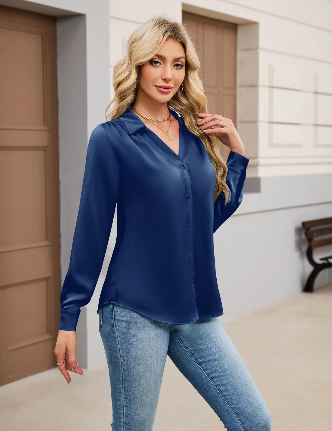 image:imageBlooming Jelly Womens Satin Button Down Shirts Work Dressy Casual Blouses Shirt Collar Long Sleeve Tops 2025Navy Blue