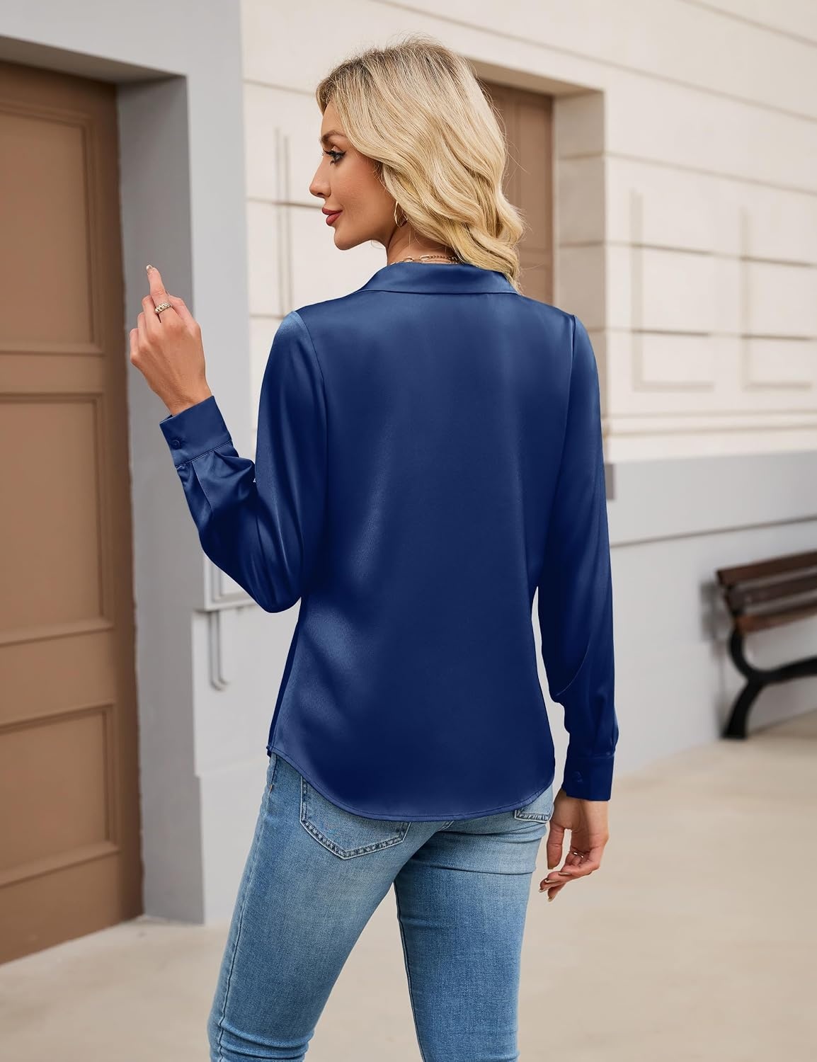image:imageBlooming Jelly Womens Satin Button Down Shirts Work Dressy Casual Blouses Shirt Collar Long Sleeve Tops 2025Navy Blue