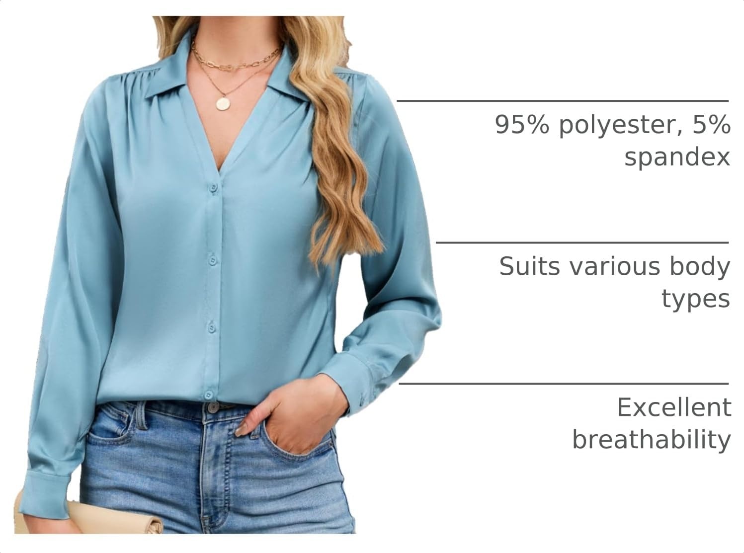 image:imageBlooming Jelly Womens Satin Button Down Shirts Work Dressy Casual Blouses Shirt Collar Long Sleeve Tops 2025Turquoise