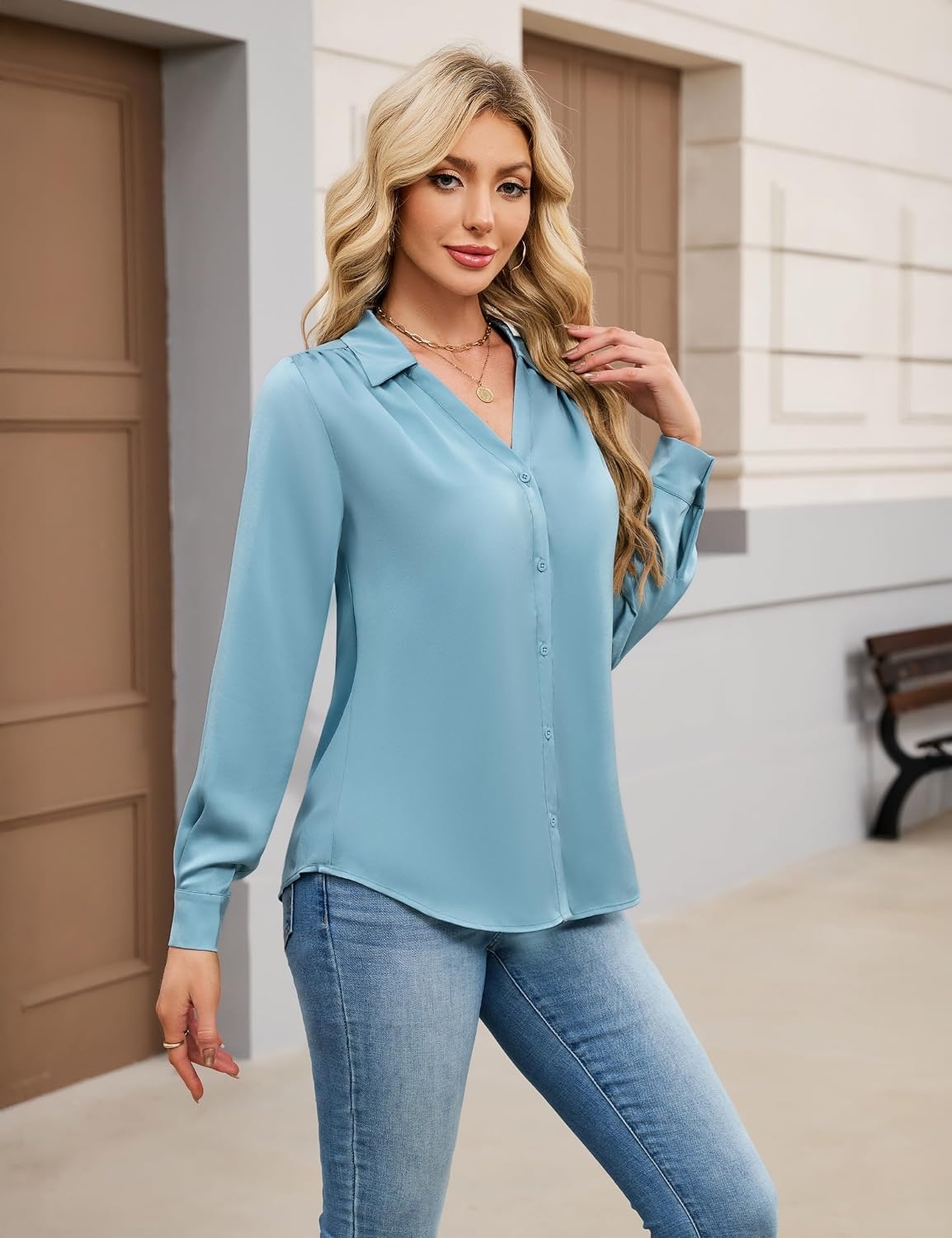 image:imageBlooming Jelly Womens Satin Button Down Shirts Work Dressy Casual Blouses Shirt Collar Long Sleeve Tops 2025Turquoise