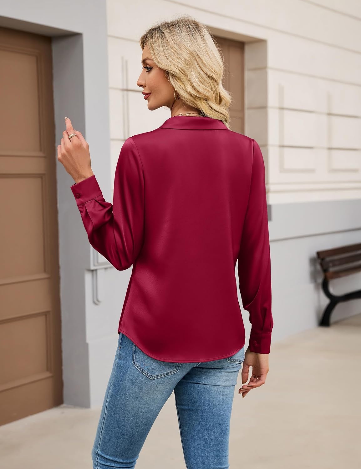 image:imageBlooming Jelly Womens Satin Button Down Shirts Work Dressy Casual Blouses Shirt Collar Long Sleeve Tops 2025Wine Red