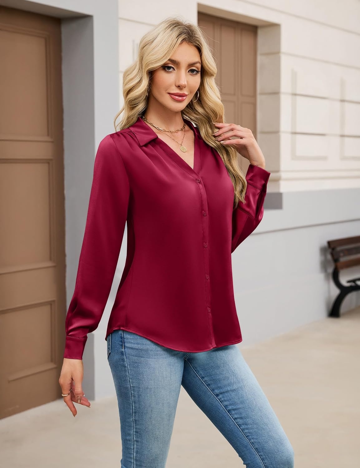image:imageBlooming Jelly Womens Satin Button Down Shirts Work Dressy Casual Blouses Shirt Collar Long Sleeve Tops 2025Wine Red