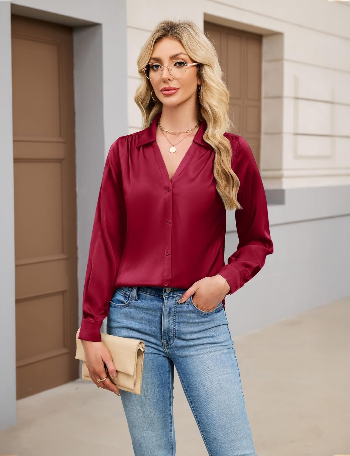 image:imageBlooming Jelly Womens Satin Button Down Shirts Work Dressy Casual Blouses Shirt Collar Long Sleeve Tops 2025Wine Red