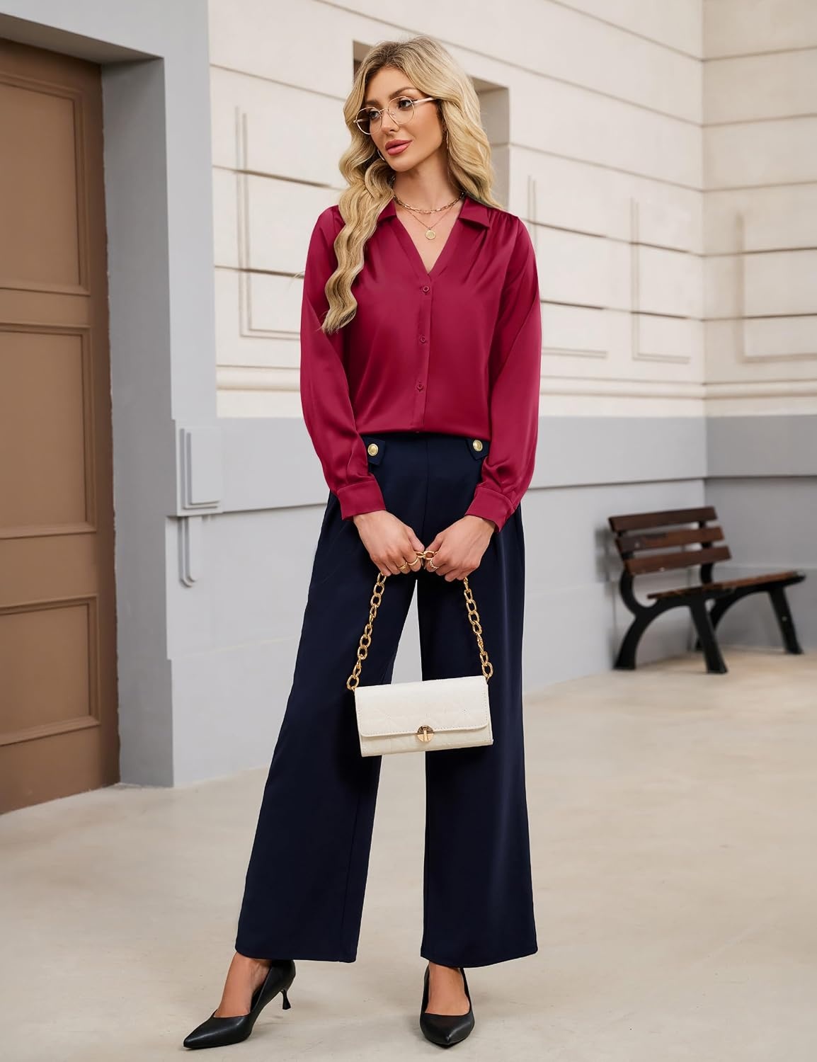 image:imageBlooming Jelly Womens Satin Button Down Shirts Work Dressy Casual Blouses Shirt Collar Long Sleeve Tops 2025Wine Red