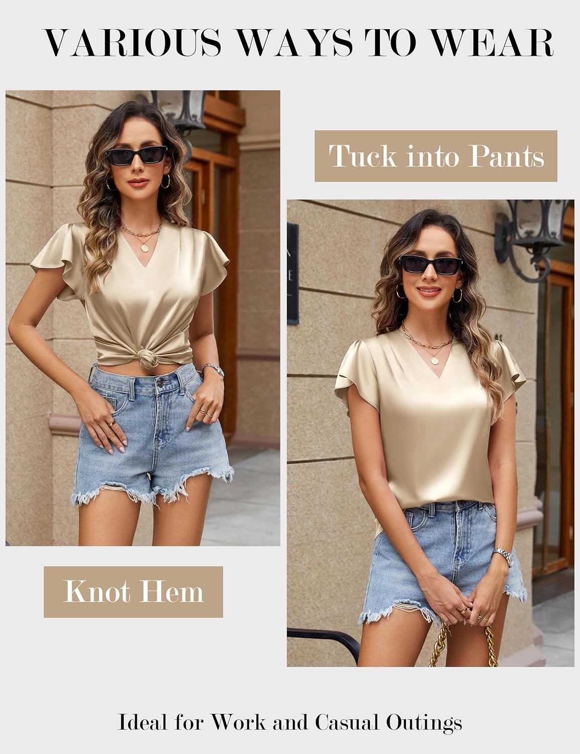 image:imageBlooming Jelly Womens Satin Ruffle Sleeve Blouse Dressy Casual Business WearBeige