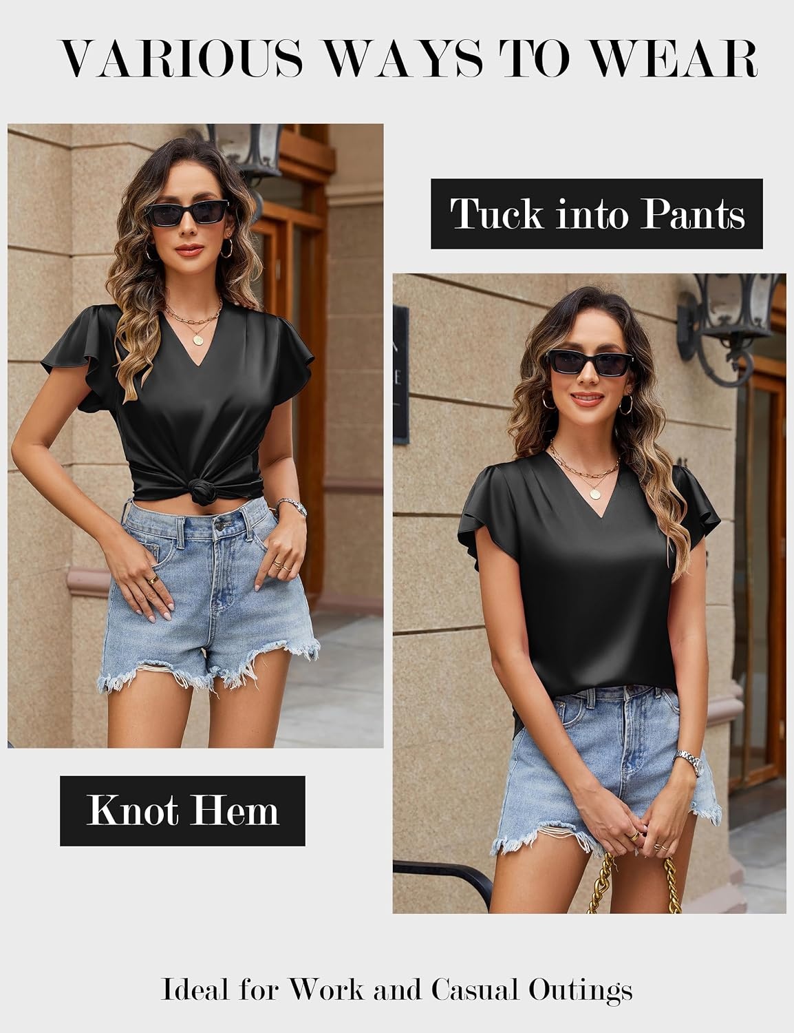 image:imageBlooming Jelly Womens Satin Ruffle Sleeve Blouse Dressy Casual Business WearBlack