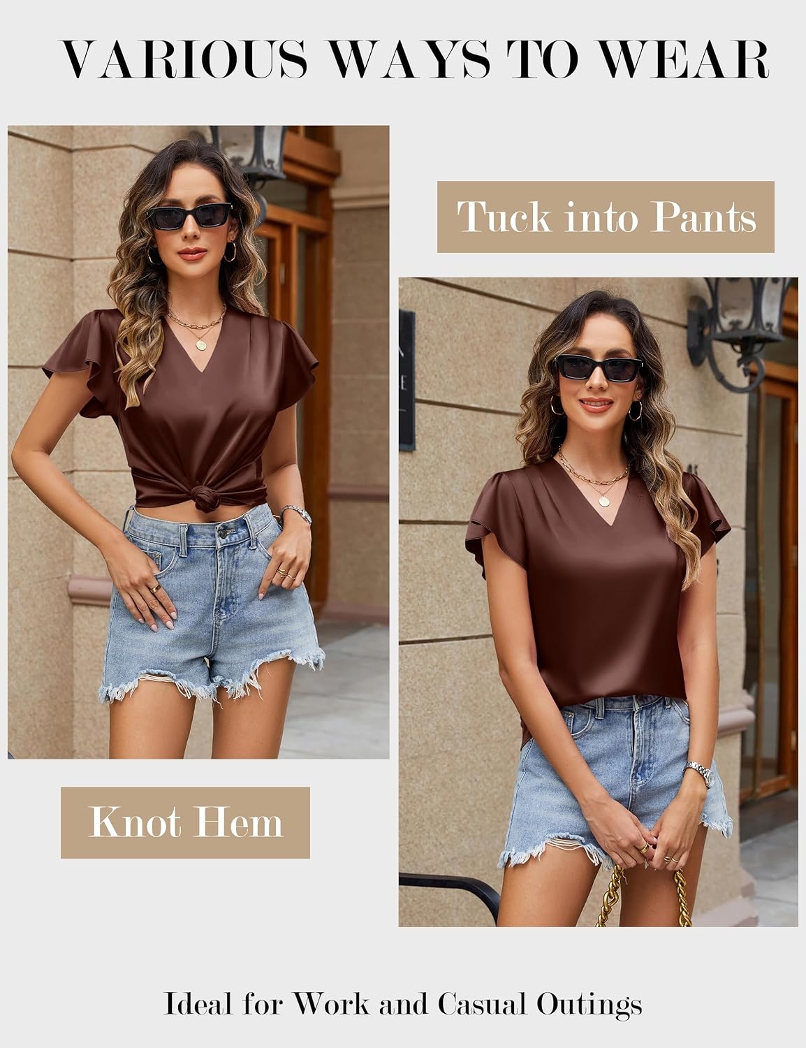image:imageBlooming Jelly Womens Satin Ruffle Sleeve Blouse Dressy Casual Business WearDark Brown