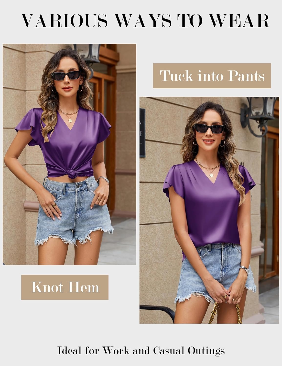 image:imageBlooming Jelly Womens Satin Ruffle Sleeve Blouse Dressy Casual Business WearDark Purple