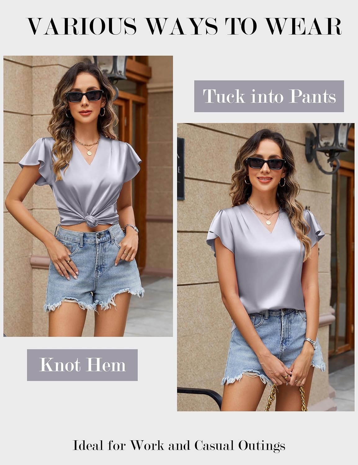 image:imageBlooming Jelly Womens Satin Ruffle Sleeve Blouse Dressy Casual Business WearGrey